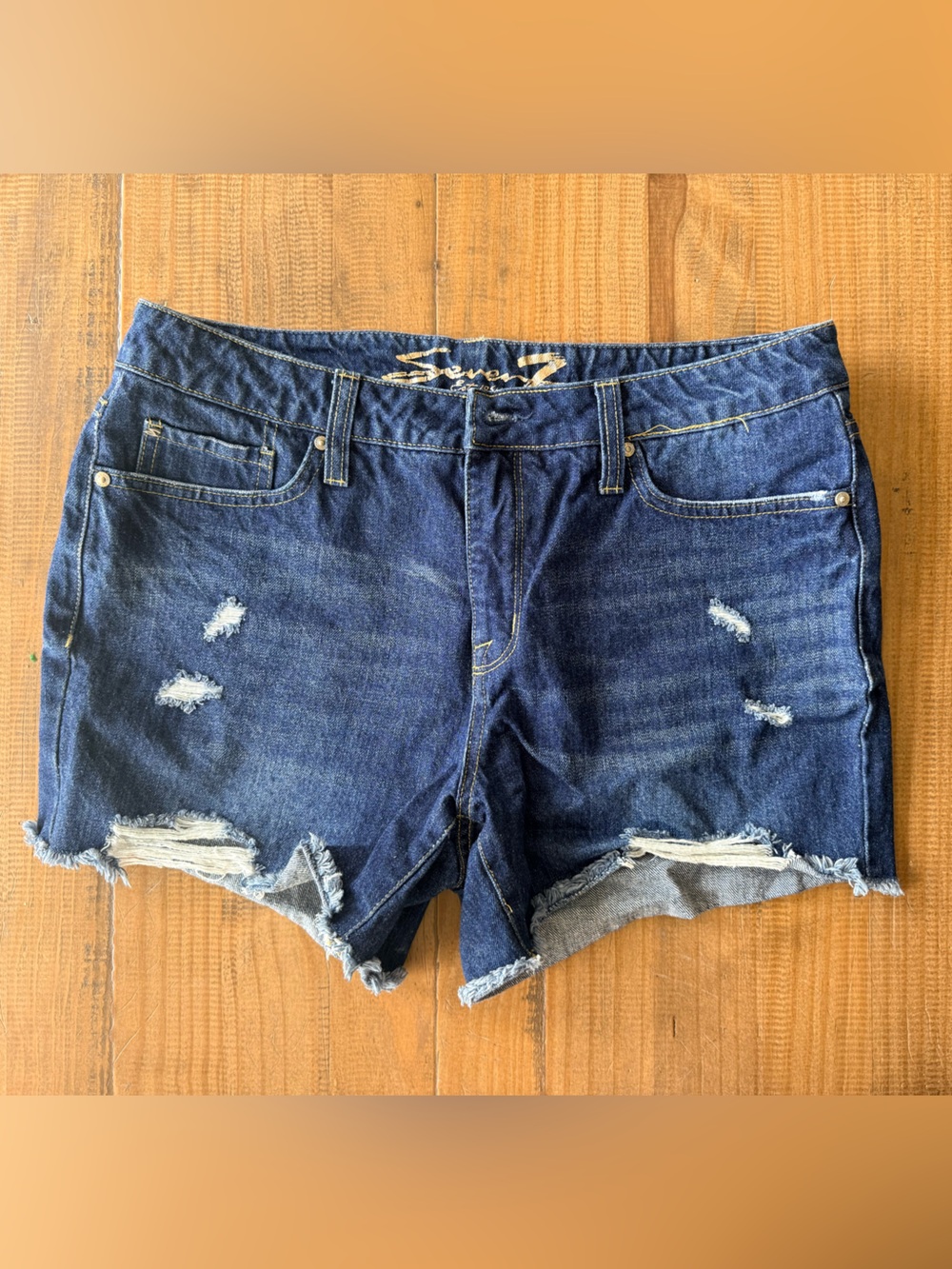 Seven7 Dark Blue Distressed Denim Shorts